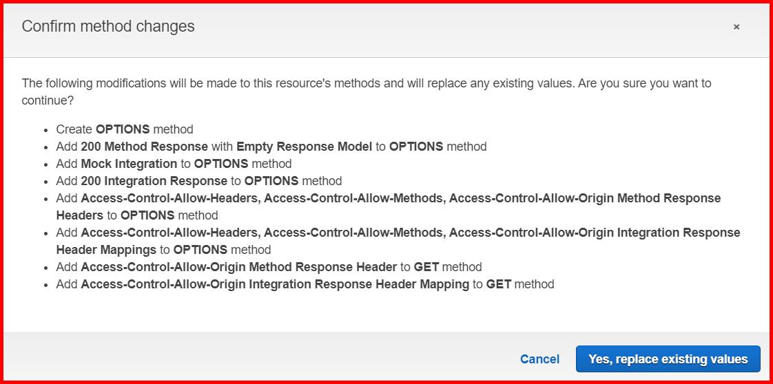 Picture showing the confirmation message for enabling CORS